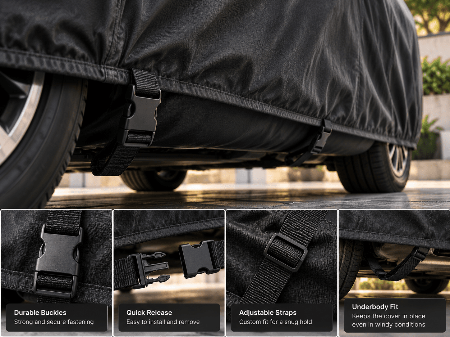Secure buckle fastening detail on the car cover