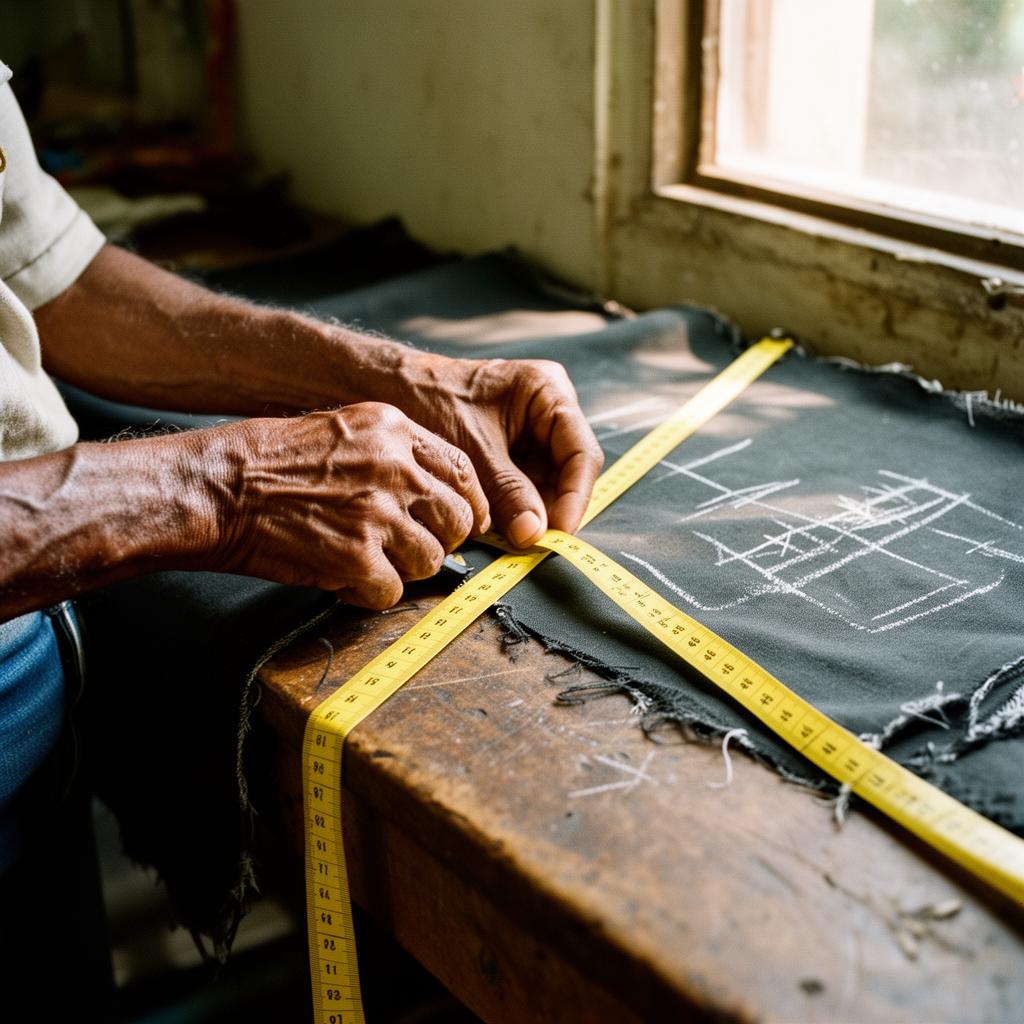 Artisan measuring chalk-marked car cover fabric