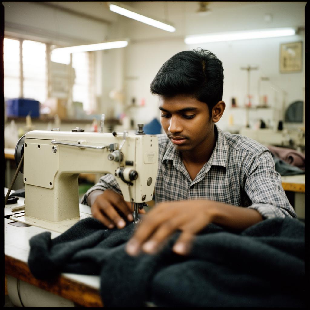 Apprentice tailor stitching cover fabric on industrial machine